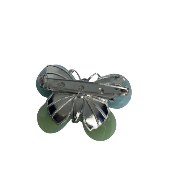 Vintage Faceted Blue Green Acrylic Butterfly Brooch 2" Silvertone Dimensional - Picture 5 of 6